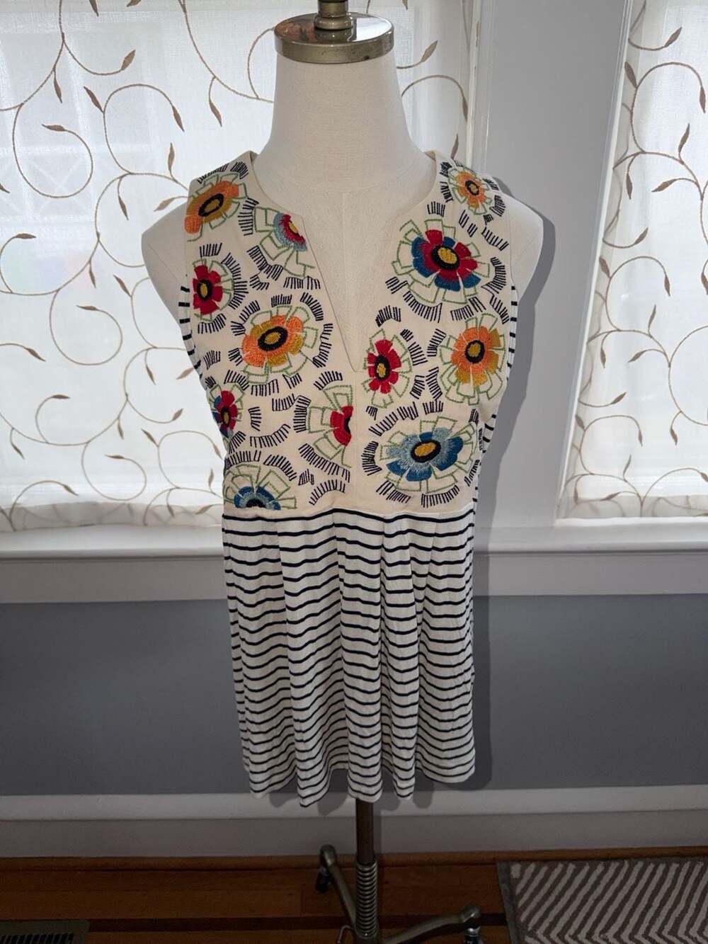 TINY Anthropologie Floral Embroidered Stripe Sleeveless Top